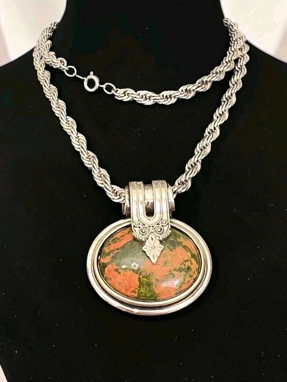 Vintage Signed Best Unakite Stone Pendant Necklace Silver Tone Rope Chain 24"